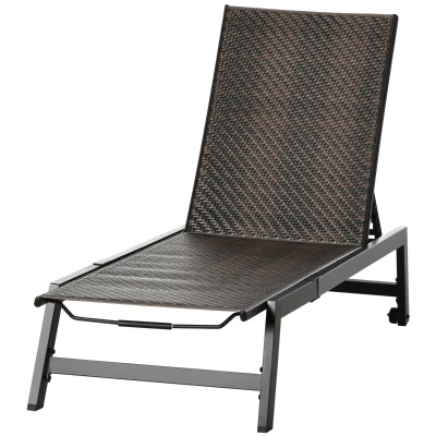 Outsunny Outdoor Rattan Wicker Patio Lounger Chair Sun Lounger w/ 5-Position Backrest and Wheels for Garden, Poolside, Brown