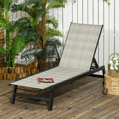 Outsunny Outdoor Rattan Wicker Patio Lounger Chair Sun Lounger w/ 5-Position Backrest and Wheels for Garden, Poolside, Grey