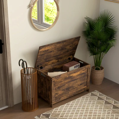 HOMCOM 29.9" Wooden Storage Bench Trunk w/ Safety Hinges, Rustic Brown