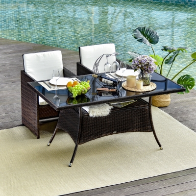 Outsunny Garden Dining Table, Patio Rattan Dining Table with Glass Top, Storage Shelf for Yard, 59" x 34" x 29", Brown