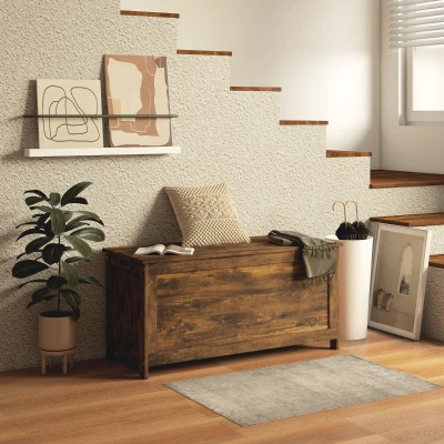 HOMCOM 39" Wooden Storage Bench with Hinges, Rustic Brown