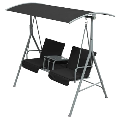 Outsunny 2-Seater Outdoor Porch Swing with Adjustable Canopy and Table, Patio Swing Chair for Garden, Poolside, Backyard, Black