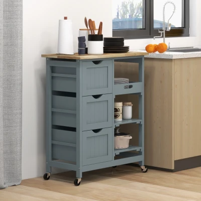 HOMCOM Rolling Kitchen Cart with Wood Top, Shelves & Drawers, Gray