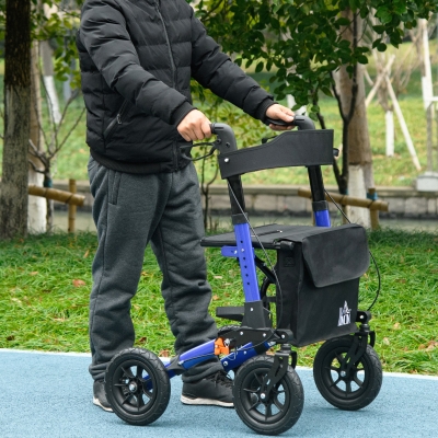 HOMCOM Rollator for Seniors with Seat, Rubber Wheels, Aluminum Folding Rolling Walker with Adjustable Handle, Bag, Blue