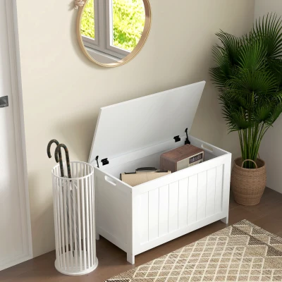 HOMCOM 29.9" Wooden Storage Bench with Safety Hinges, White