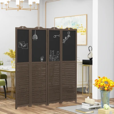 HOMCOM 4-Panel Wooden Room Divider with Blackboard, Walnut Brown
