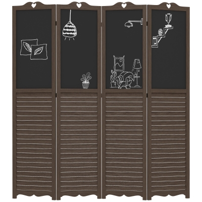 HOMCOM 4-Panel Wooden Room Divider with Blackboard, Walnut Brown