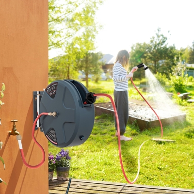 Outsunny 1/2" 49ft Retractable Hose Reel with 8 Pattern Hose Nozzle, Any Length Lock, Auto Rewind System & 180° Swivel Bracket