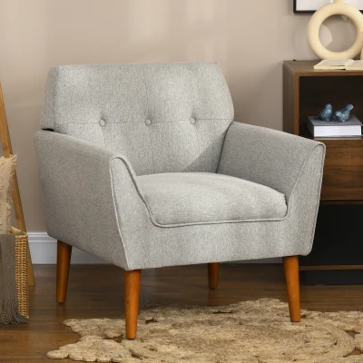 HOMCOM Accent Chair, Tufted Armchair with Wood Legs, Light Gray