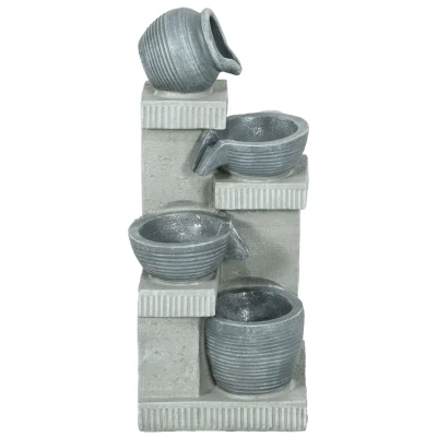Outsunny 4-Tiered Outdoor Jar and Bowls Water Fountain with LED Lights, Adjustable Flow, 26.4-inch Resin Waterfall Fountain