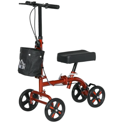 HOMCOM Steerable Knee Walker, Foldable Knee Scooter with Dual Braking System, Adjustable Height, Crutch Alternative, Red