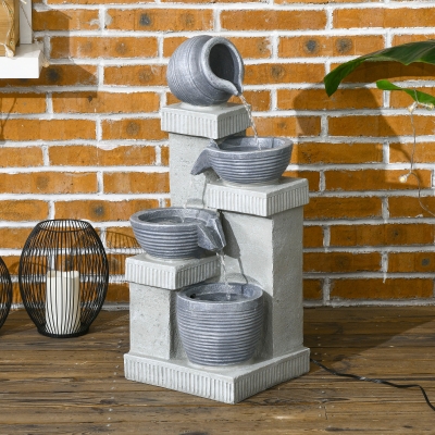 Outsunny 4-Tiered Outdoor Jar and Bowls Water Fountain with LED Lights, Adjustable Flow, 26.4-inch Resin Waterfall Fountain