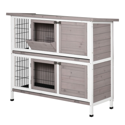 PawHut 2 Tier Rabbit Hutch with Feeding, Removable Tray, Ramp, Doors, Grey