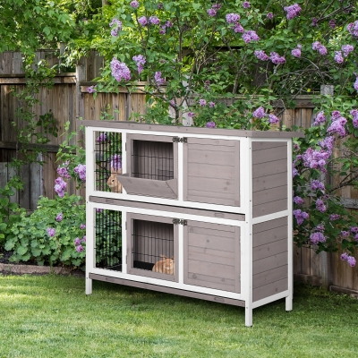 PawHut 2 Tier Rabbit Hutch with Feeding, Removable Tray, Ramp, Doors, Grey