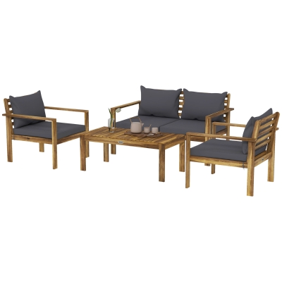 Outsunny 4-Piece Acacia Wood Patio Sofa Set with Cushions, Gray