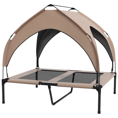 PawHut Raised Dog Bed Cooling Dog Cot w/ Canopy Washable Breathable Mesh, for Medium and Large Dogs, Coffee