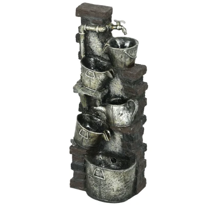 Outsunny 5-Tiered Faucet & Barrel Outdoor Water Fountain with LED Lights, Adjustable Flow, 39.4-inch Resin Waterfall Fountain