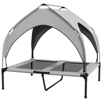 PawHut Raised Dog Bed Cooling Dog Cot w/ Canopy Washable Breathable Mesh, for Medium and Large Dogs, Light Grey