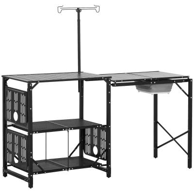 Outsunny Folding Camping Kitchen, Portable Aluminum Cook Station with Carrying Bag, 3 Side Tables, 2 Shelves for BBQ, Black