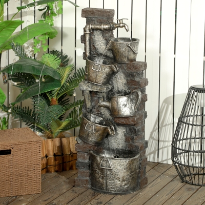 Outsunny 5-Tiered Faucet & Barrel Outdoor Water Fountain with LED Lights, Adjustable Flow, 39.4-inch Resin Waterfall Fountain