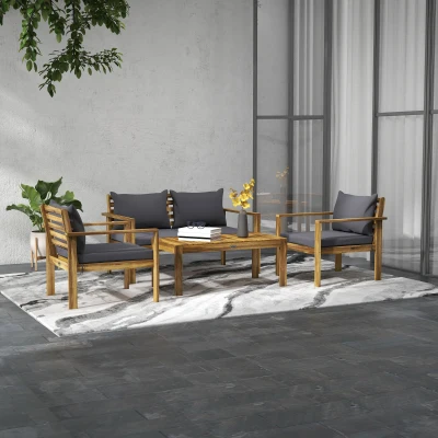 Outsunny 4-Piece Acacia Wood Patio Sofa Set with Cushions, Gray