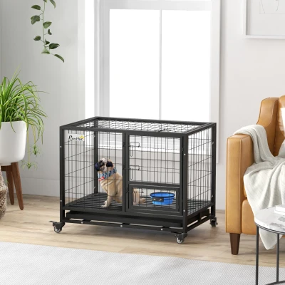 PawHut 36" Heavy Duty Dog Kennel, Black with Wheels & Tray