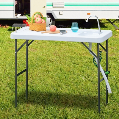 Outsunny Folding Table Fish Table Cleaning Wash Table with Sink, Faucet and Spray Cleaner for BBQ Camping Picnic Garden 45"x23"x37" White