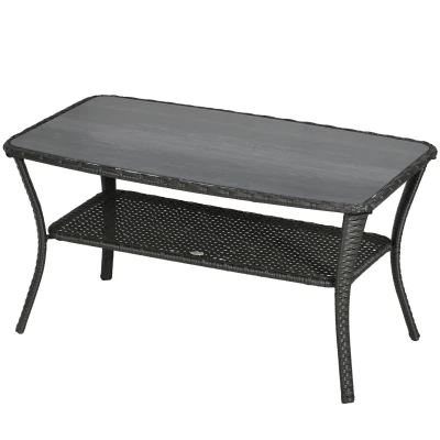 Outsunny Outdoor Patio PE Rattan Coffee Table with Storage Shelf, Wicker Side Table with Glass Top, Black