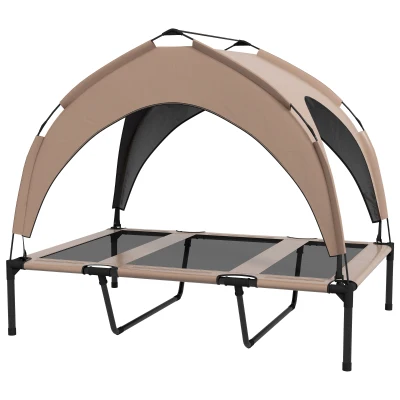 PawHut Raised Dog Bed Cooling Dog Cot w/ Canopy Washable Breathable Mesh, for Large Dogs, Coffee