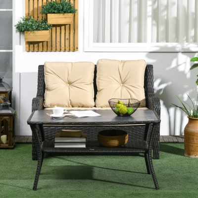 Outsunny Outdoor Patio PE Rattan Coffee Table with Storage Shelf, Wicker Side Table with Glass Top, Black