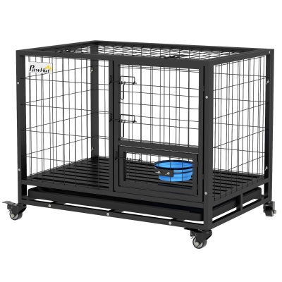 PawHut 36" Heavy Duty Dog Kennel, Black with Wheels & Tray