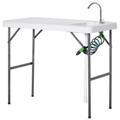 Outsunny Folding Table Fish Table Cleaning Wash Table with Sink, Faucet and Spray Cleaner for BBQ Camping Picnic Garden 45"x23"x37" White