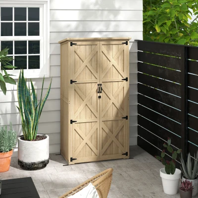 Outsunny Wooden Outdoor Storage Cabinet, Lockable Garden Shed