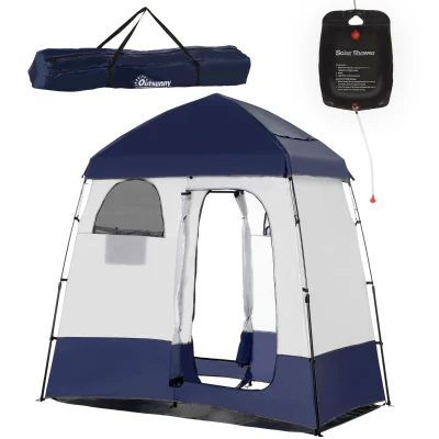 Outsunny Outdoor Portable Pop Up Shower Tent Changing Tent Privacy Enclosure with 2 Rooms, Shower Bag, Floor for Camping, Blue