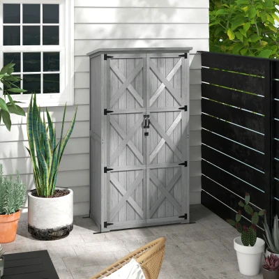 Outsunny Wooden Outdoor Storage Cabinet, Gray, Lockable Doors
