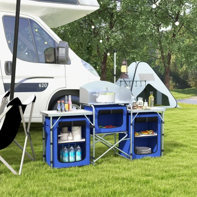 Outsunny Portable Aluminum Camping Kitchen Table, Blue