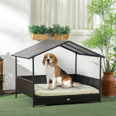 PawHut Outdoor Dog House Wicker Dog Bed with Soft Cushion Washable Cover, for Medium Large Dogs Indoor Outdoor, Cream White