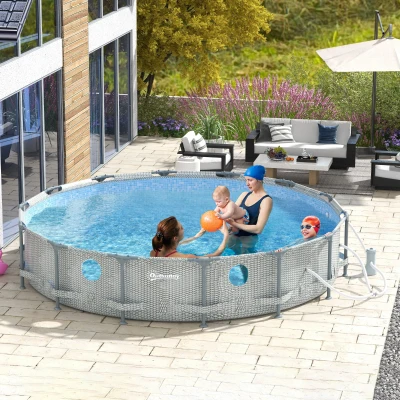 Outsunny 14' x 33" Round Metal Frame Pool with Filter Pump, Gray