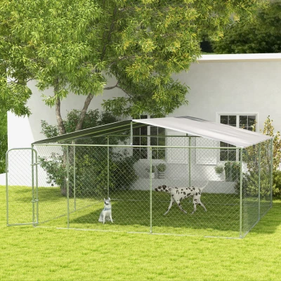 PawHut 15' x 15' Outdoor Dog Kennel, Galvanized Steel Frame with Cover