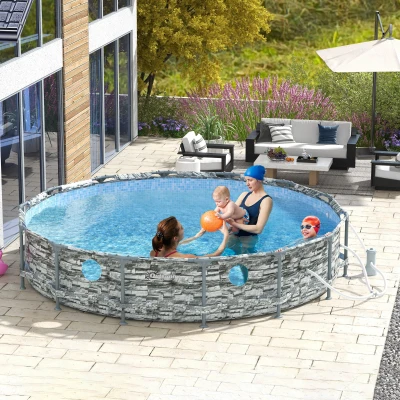 Outsunny 14' x 33" Round Metal Frame Pool with Filter Pump, Gray