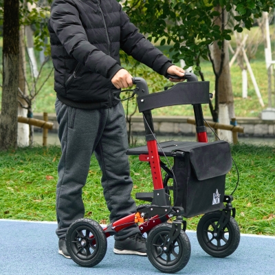 HOMCOM Rollator for Seniors with Seat, Rubber Wheels, Aluminum Folding Rolling Walker with Adjustable Handle, Bag, Red