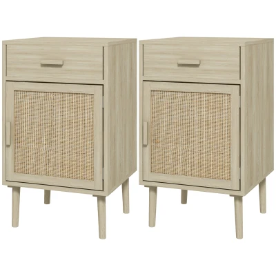 HOMCOM Boho Bedside Tables Set of 2, Nightstands with Drawer, Rattan Cabinet, Adjustable Shelf for Bedroom, Living Room, Oak