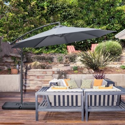 Outsunny 9.6ft Offset Patio Umbrella Garden Hanging Parasol Banana Cantilever Umbrella with Base, Crank, Dark Grey