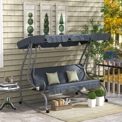 Outsunny 3-Seat Outdoor Patio Swing Canopy Chair, Converting Flat Bed with Adjustable Shade, Cushions, Cup Holder, Dark Grey