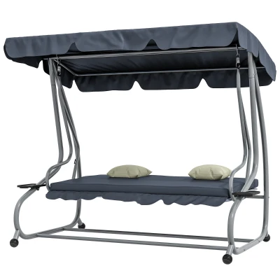 Outsunny 3-Seat Outdoor Patio Swing Canopy Chair, Converting Flat Bed with Adjustable Shade, Cushions, Cup Holder, Dark Grey