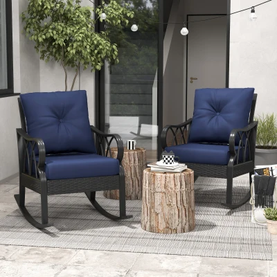 Outsunny 2-Piece Outdoor Wicker Rocking Chairs, Blue Cushions