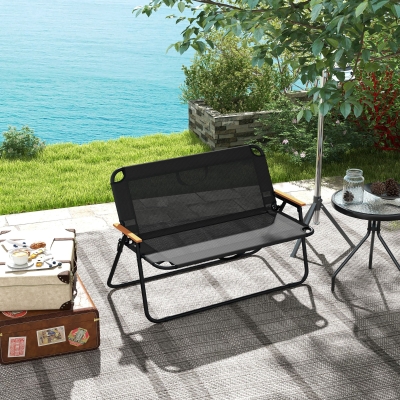 Outsunny 2-Seat Folding Patio Bench Camping Chair, Sports Chair with Armrest, Mesh Fabric Seat for Lawn, Black