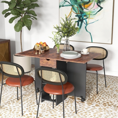 HOMCOM Folding Dining Table, Space Saving Drop Leaf Table with Drawer and Shelves for Kitchen, Dining Room, Rustic Brown