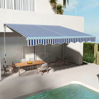 Outsunny 13' Retractable Awning with LED Lights, Blue/White
