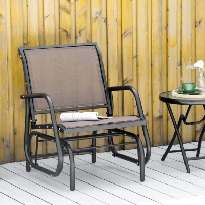 Outsunny Patio Glider with Breathable Mesh Fabric Seat & Backrest, Metal Frame Outdoor Glider Swing Chair with Armrests, Brown